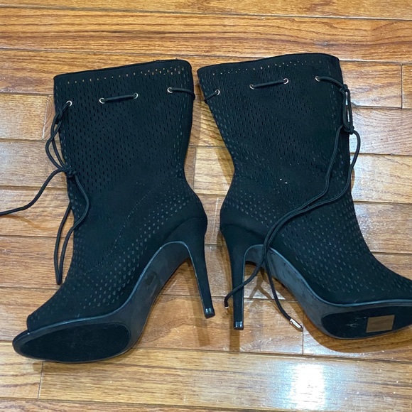 M&L black faux suede mid calf open toe booties. - Picture 6 of 15